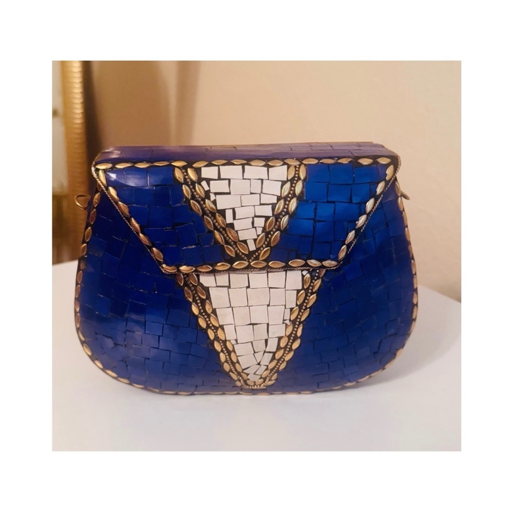 Handmade Blue and Gold Embellished Mosaic Geometric Design Clutch, NWOT